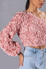 AKIRA LUCIA FLORAL APPLIQUE ONE SHOULDER CROP BLOUSE IN PINK