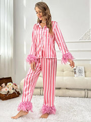 SHEIN Striped Fuzzy Trim Satin PJ Set