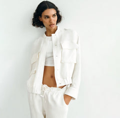 ZARA Linen Blend Pocketed Bomber Jacket - Oyster White