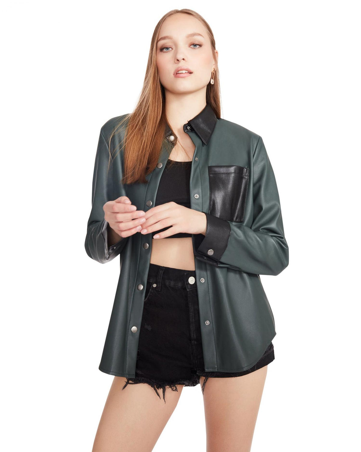 STEVE MADDEN Vegan Leather Collared Buttonfront Shirt