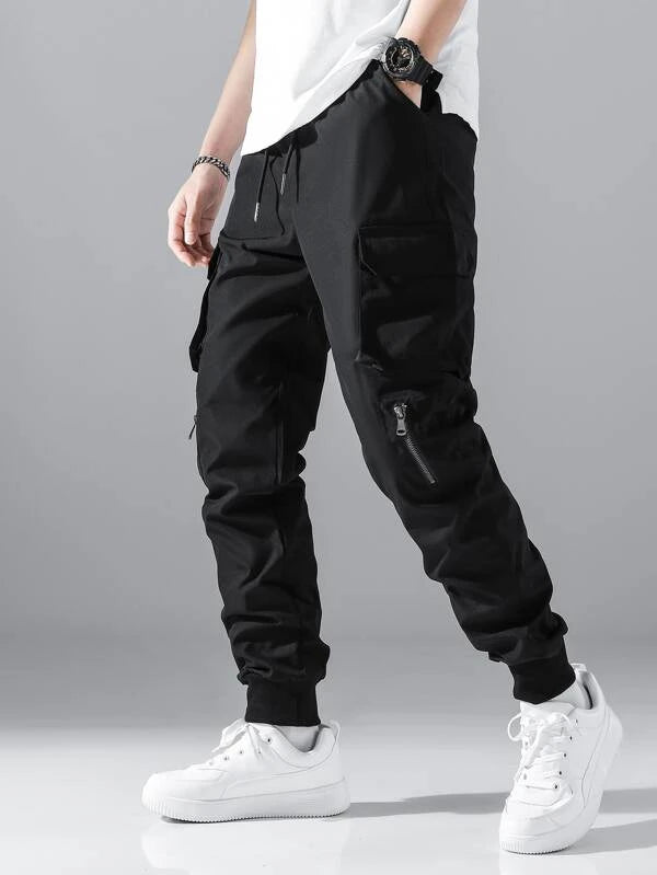 SHEIN Men Zip Detail Flap Pocket Side Drawstring Waist Cargo Pants