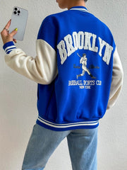 SHEIN EZwear Figure & Letter Graphic Drop Shoulder Two Tone Varsity Jacket